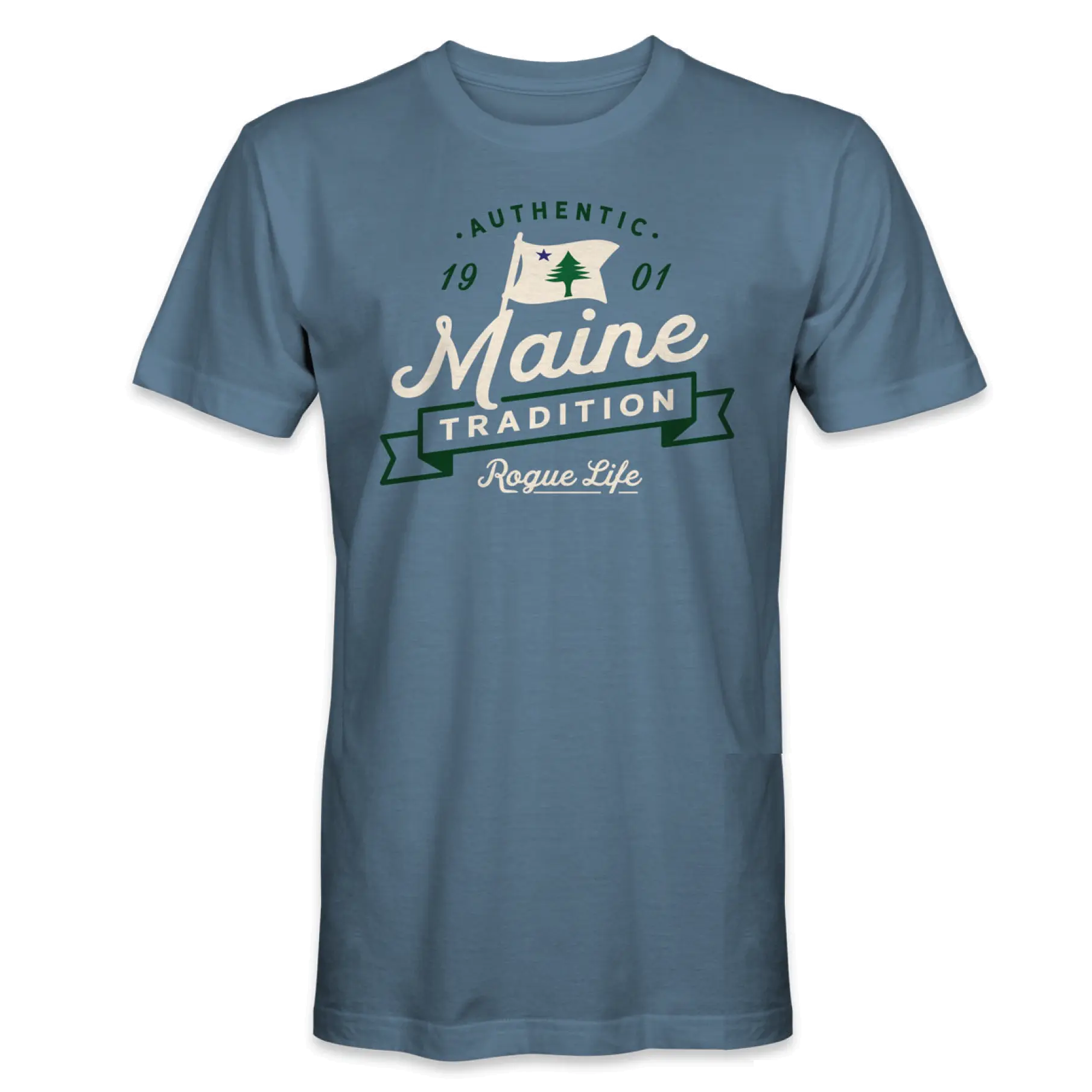 Maine Vintage Flag T-Shirt in Faded Denim or Nordic Green