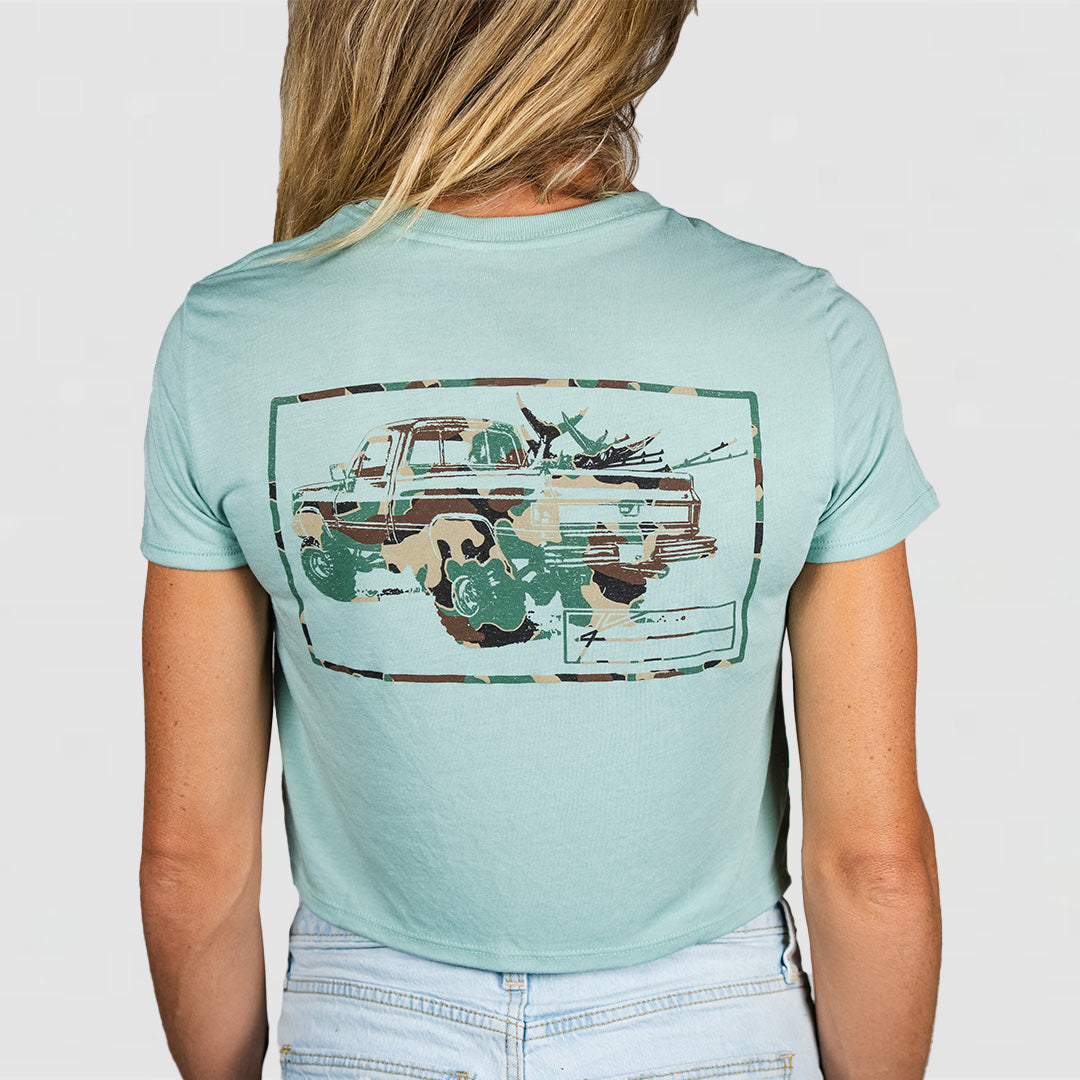 Dusty Blue Camo Print Womens Flowy Crop Tee