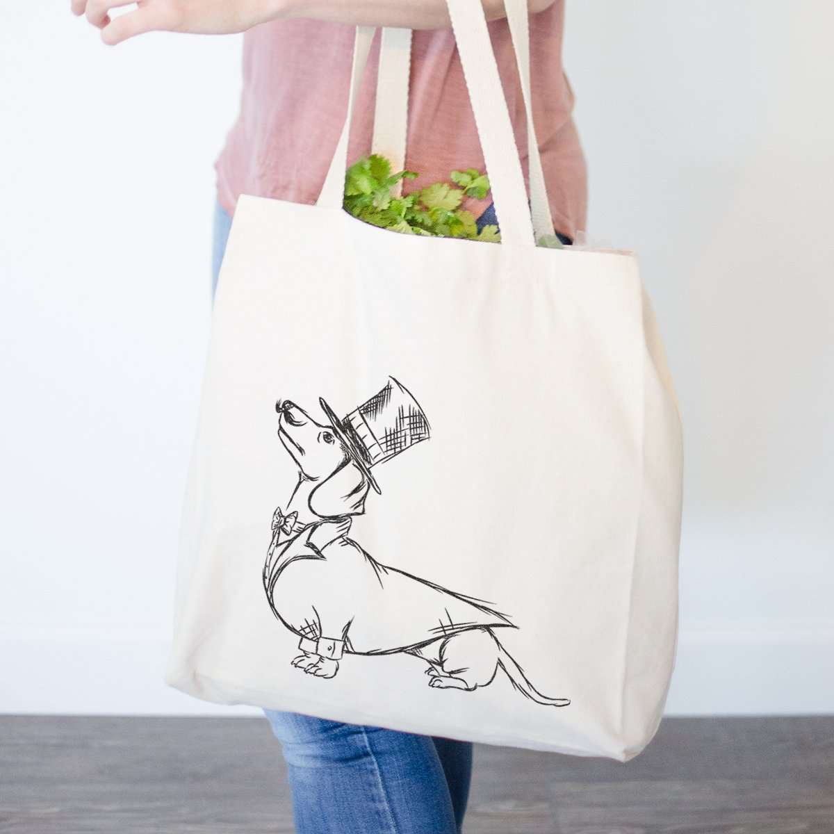 Dapper Dachshund Print Cotton Tote Bag - Beige