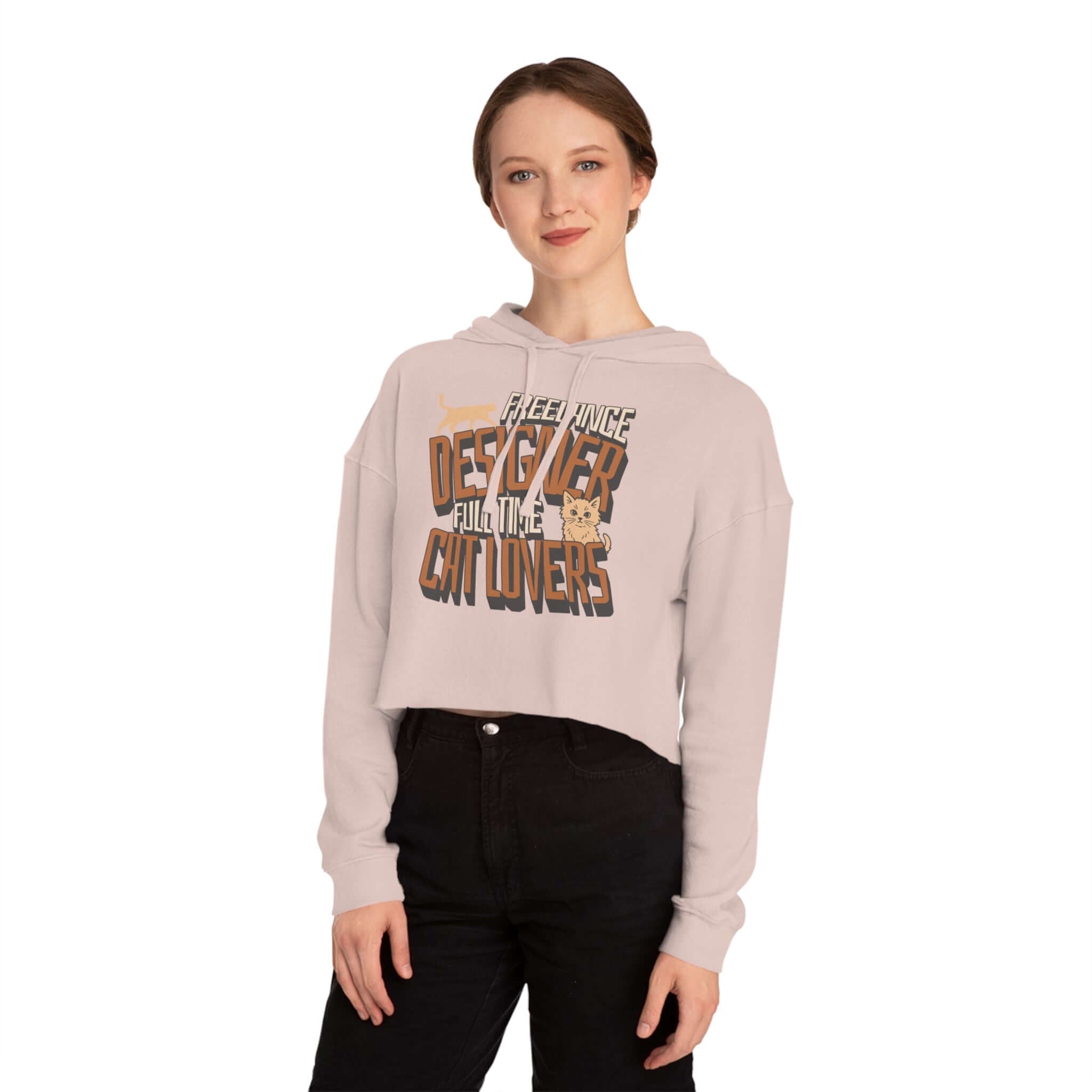 Cat Graphic Women Cropped Hoodie - Soft Pink Playful Edge