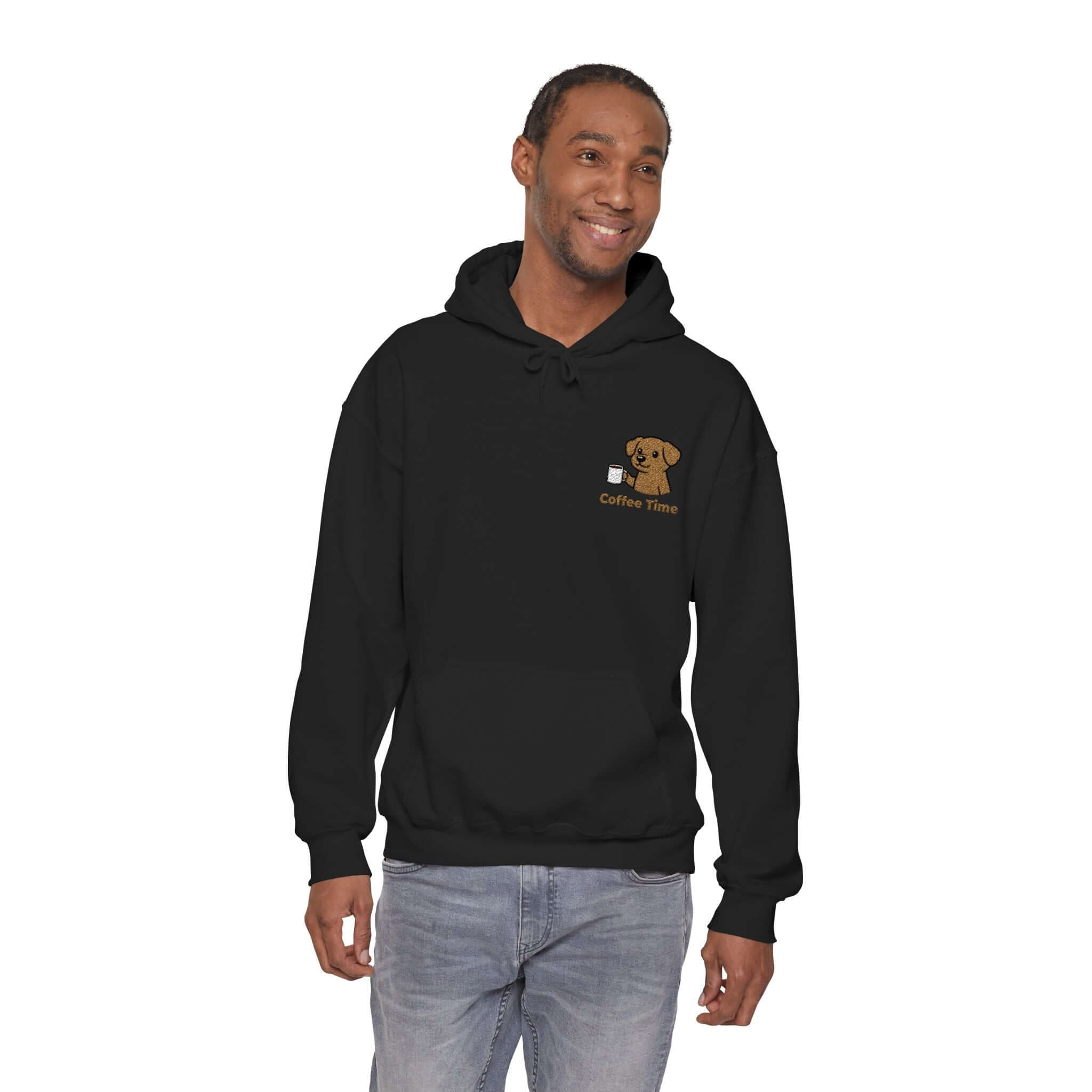 Coffee Time Dog Embroidered Pullover Hoodie - Unisex Style